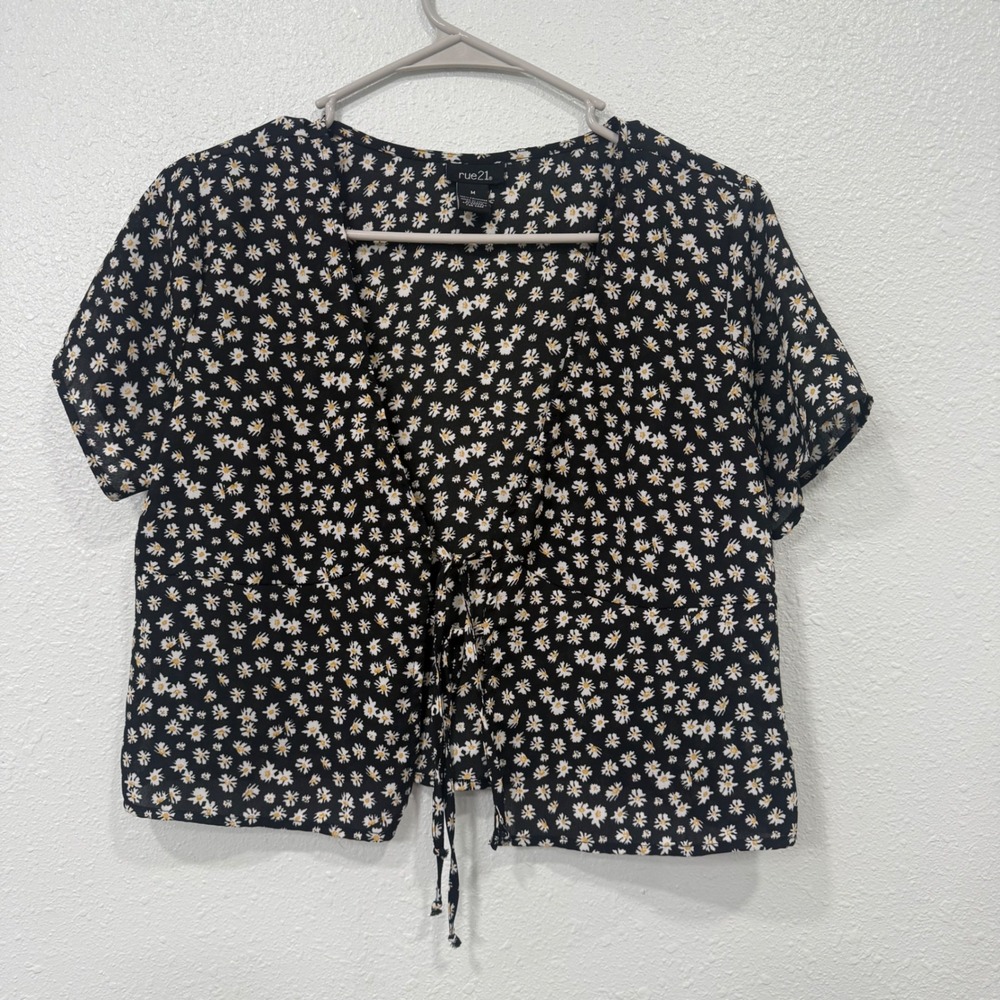 rue21 Womens Daisy Floral Print Tie Front Crop Top Black White Medium